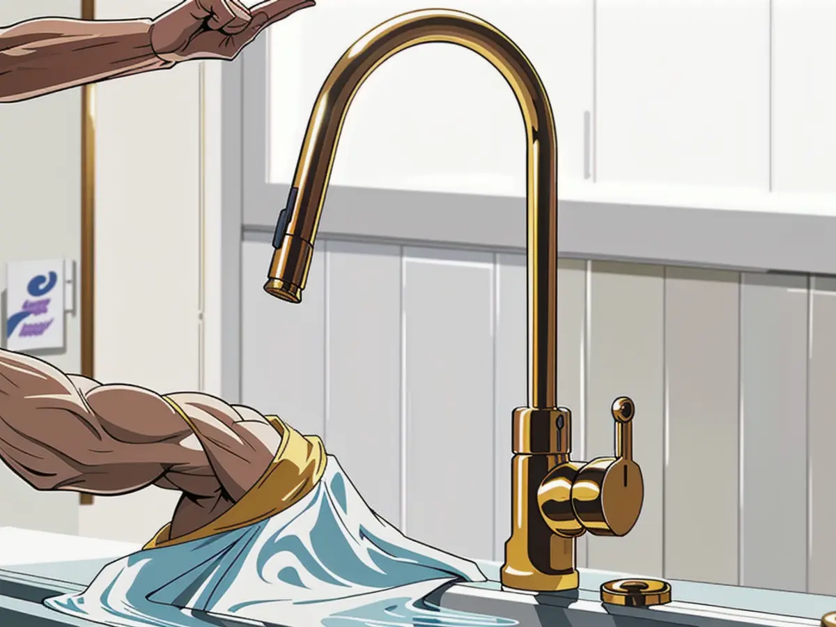 Individual utilizes touch sensor feature on a brushed gold faucet. Someone employs tactile interaction on a brushed gold tap.
