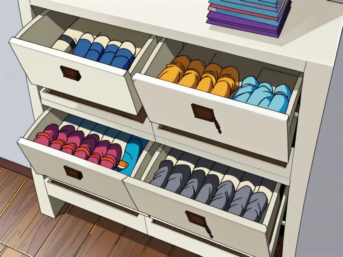 Open cabinet showcases a collection of footwear. Open cupboard with drawers ajar, displaying assorted footwear inside.