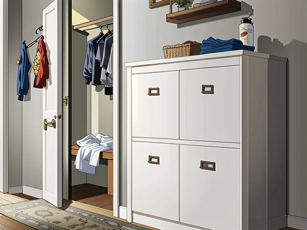 Four-compartment white storage case for footwear organization Four-compartment white storage cabinet for organized shoe storage solution.