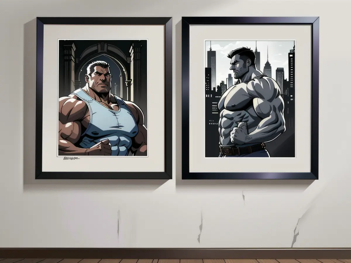 Pair of framed renditions depicting renowned NYC landmarks, specifically the Empire State Building and the Manhattan Bridge. Displays of iconic NYC structures together: Empire State Building and Manhattan Bridge depicted in framed prints.