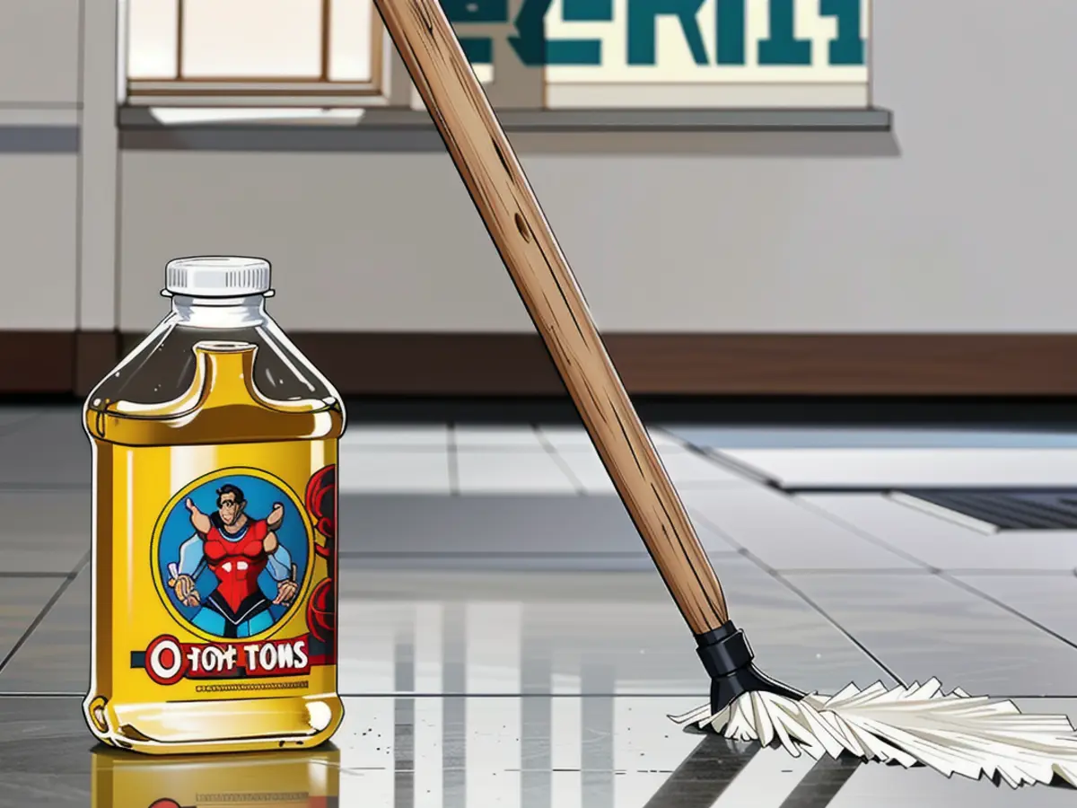 A cleaning solution container found on the floor, accompanied by a mop for polishing wood. A cleaning product bottle lying on the floor near a wood-polishing mop.