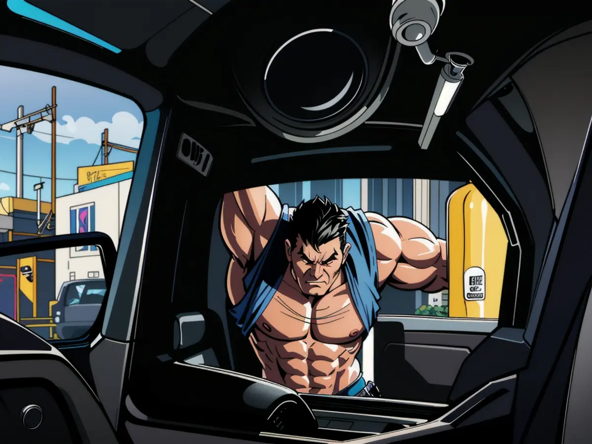 Car Interior Cleaning: Individual with Black Leather Seats Wiped Down While Seated Behind Wheel Vehicle containing dark leather upholstery, with an individual cleaning the seats found inside