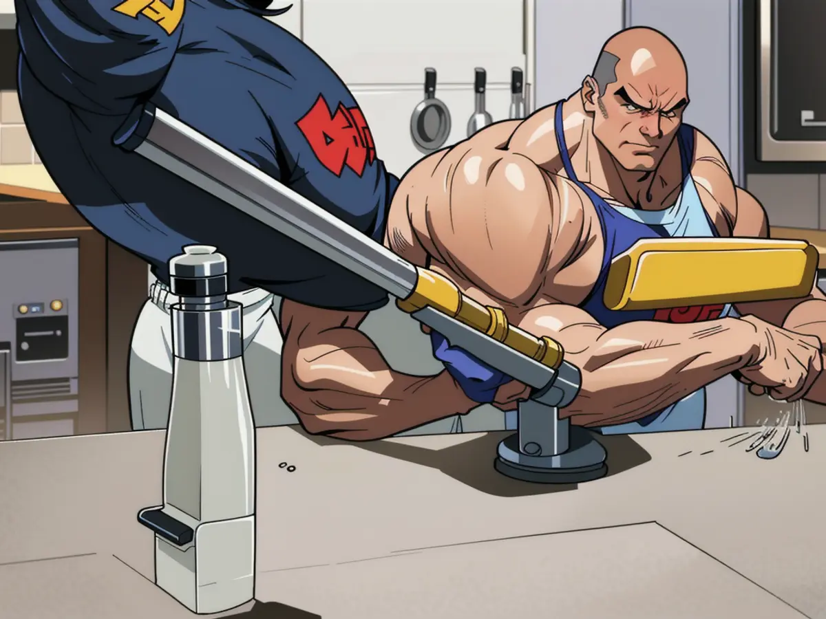 Individual utilizing a portable vacuum cleaner for kitchen countertop tidying, featuring a chopping board and assorted fruit as incidental elements. Individual tidying up kitchen countertop, utilizing a portable vacuum, as a chopping board and produce nestle within the scene.