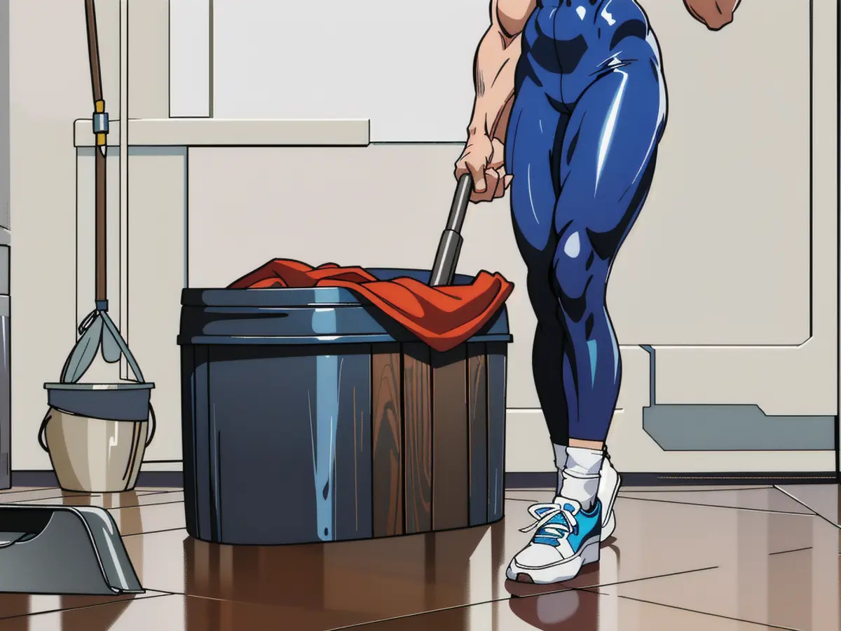Individual uses O-Cedar mop and bucket to clean a wooden floor, clad in blue leggings and white sneakers. Individual employing an O-Cedar mop and bucket to tender a wooden floor, clothed in blue leggings and white sneakers.