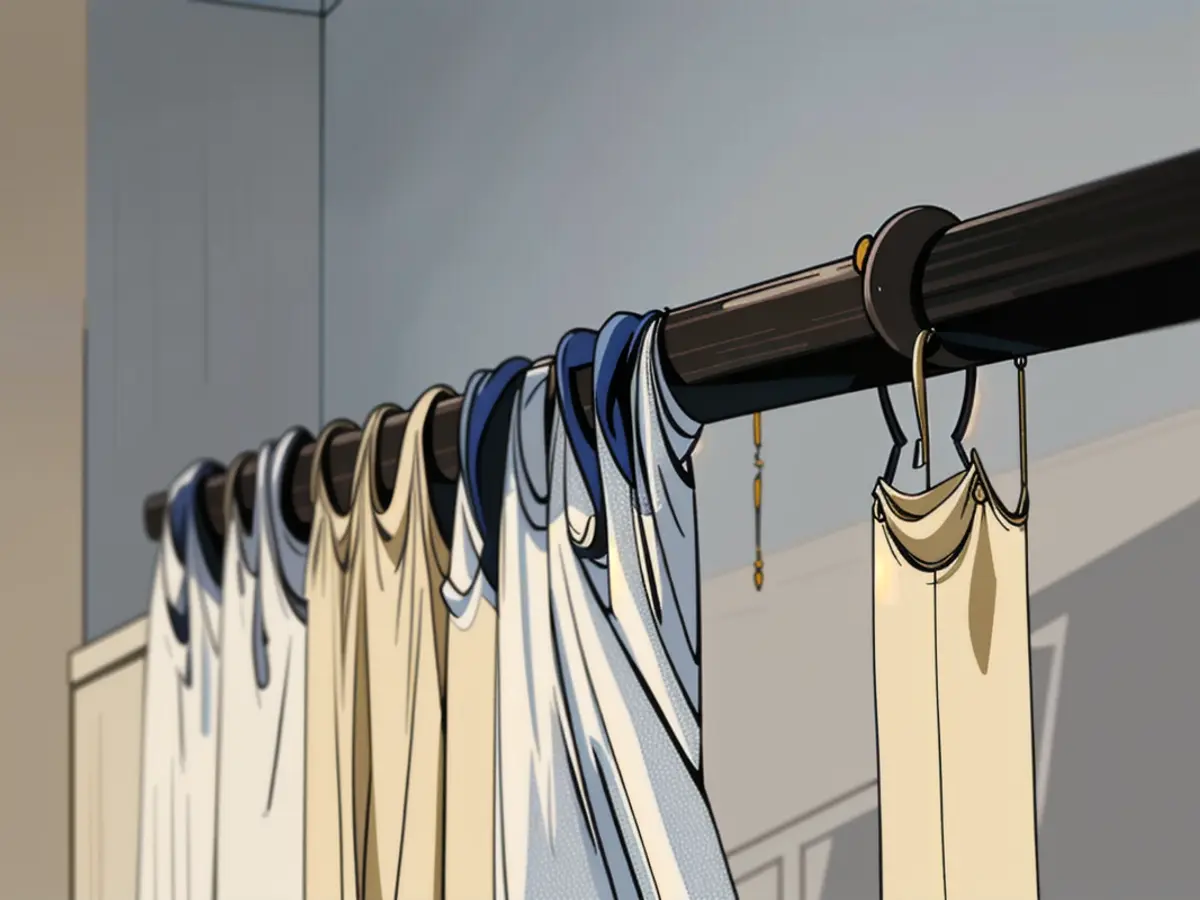 Textured shower curtain is suspended on a dark curtain rod with decorative hangers