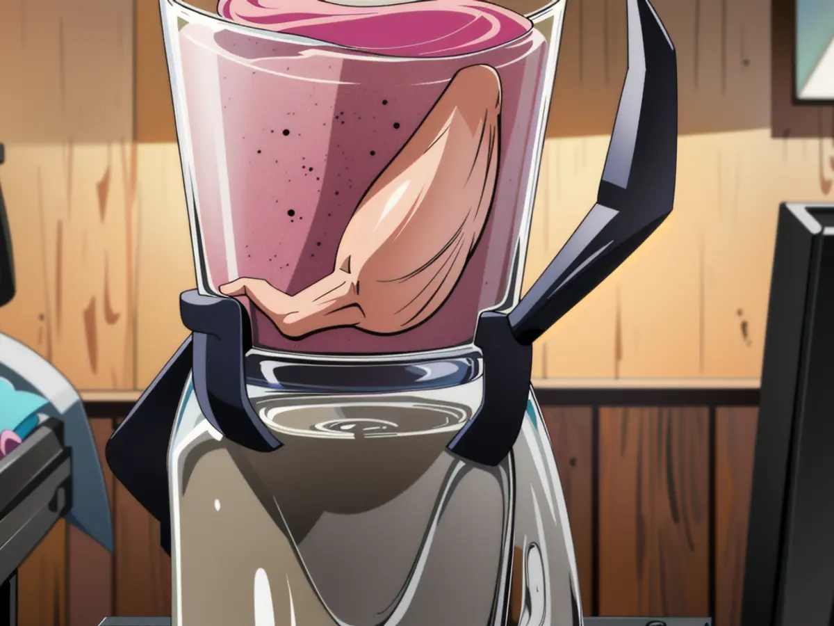 Blender Modeled as a Ninja, Perched on a Kitchen Counter, Composing a Pink Smoothie Mixture