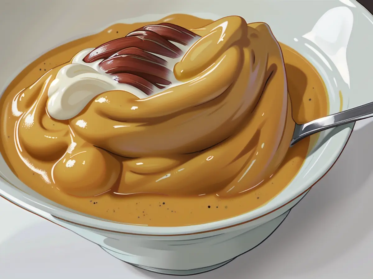 Bowl filled with a creamy yellow dessert, topped with a brown dollop and sporting a spoon. Seems to be a fruit-focused puree or smoothie arrangement.