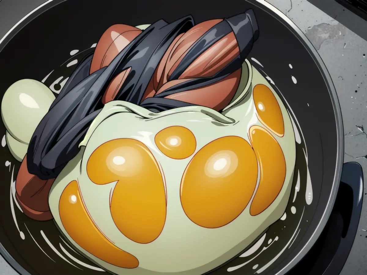 Sizzling eggs and sausages frying in a skillet over a stove burner
