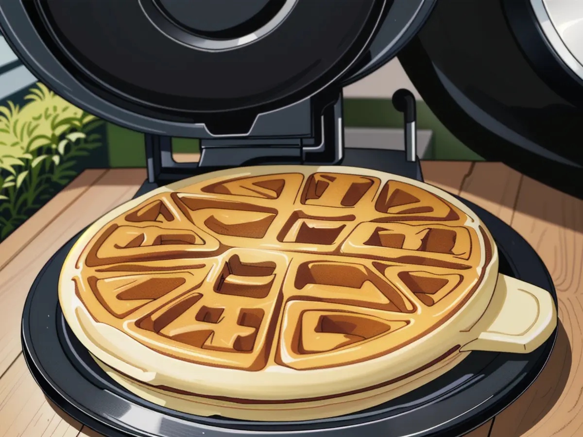 Waffle freshly prepared resides within a waffle iron on a kitchen counter.