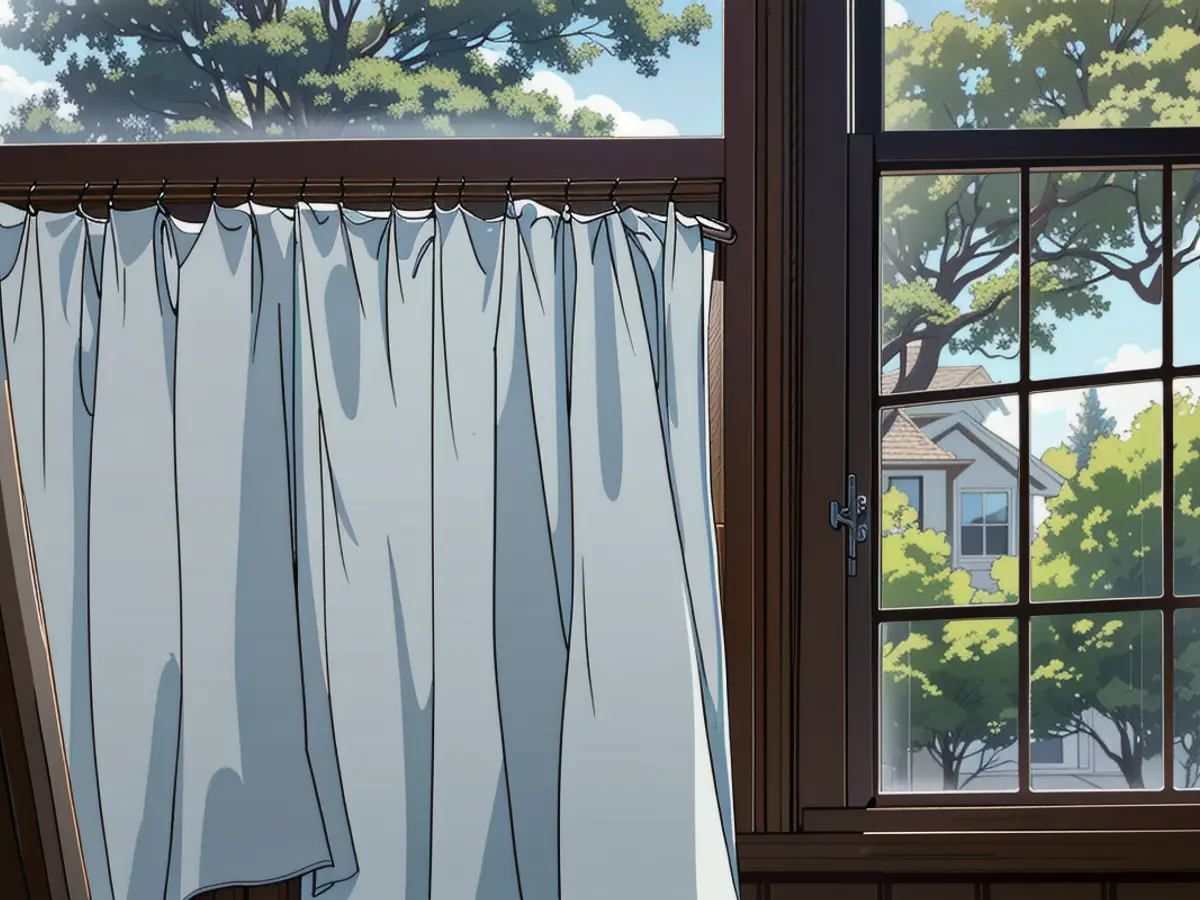 Obscured left pane from a partly opened window, while the rest offers a clear sight of exterior greenery and suburban roadscape via the transparent panes.