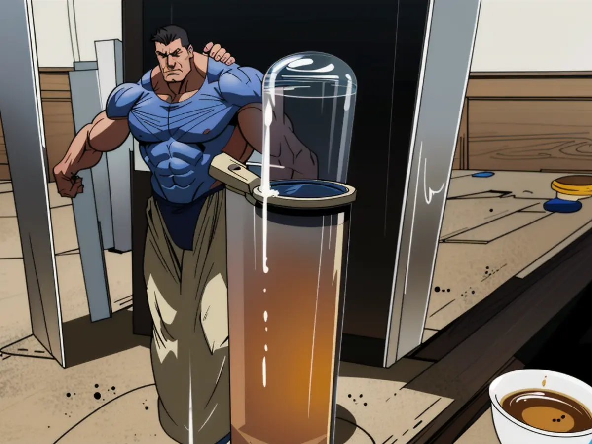 Visual depiction of a contaminated cup of water following the use of a cleaning solution in a Keurig machine. Image portraying a soiled cup full of water, post-cleaning process using a Keurig machine.