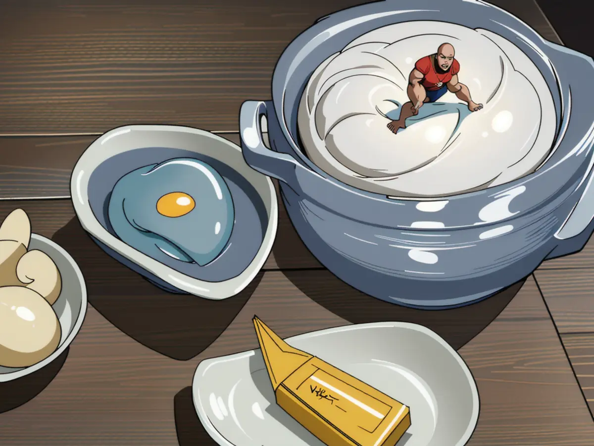 Egg cooker and hard-boiled egg found on table surface Egg-boiling apparatus and a hard-boiled egg placed on a surface