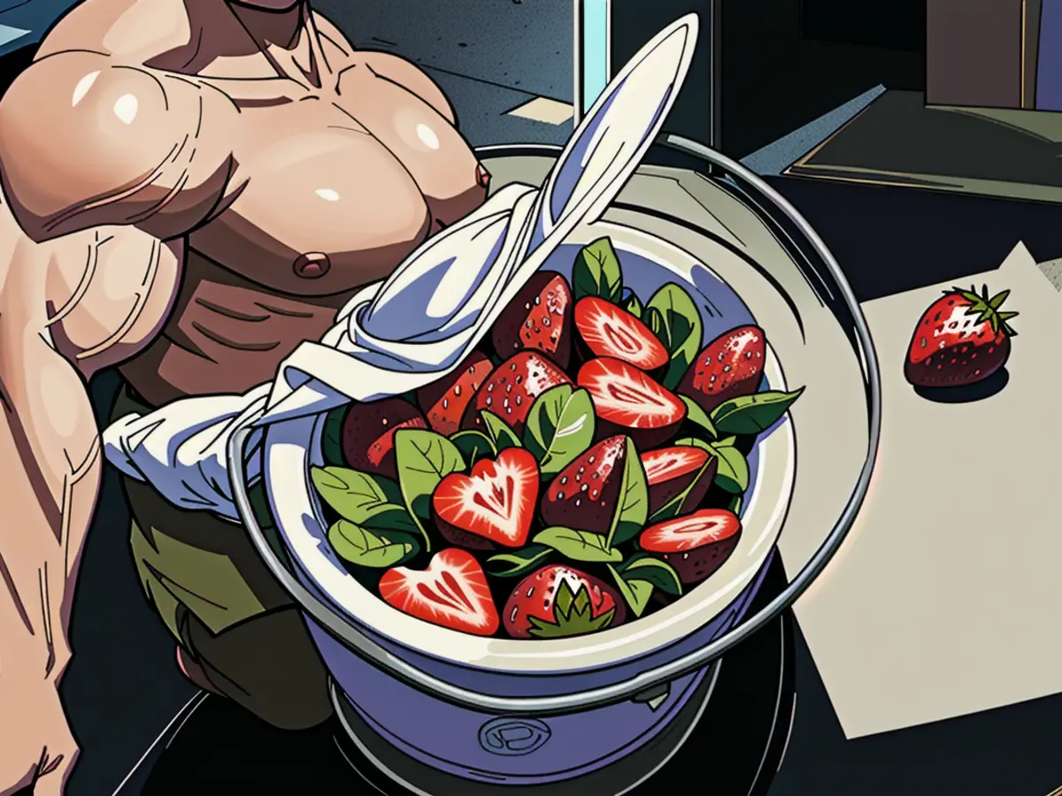 Tossing strawberries with a salad spinner Strawberries being cleaned in a rotating kitchen device.