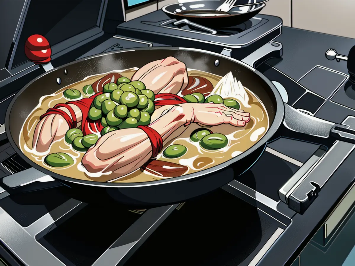 Stove top cooking session with dish sizzling Stove top cooking: Meal sizzling in skillet