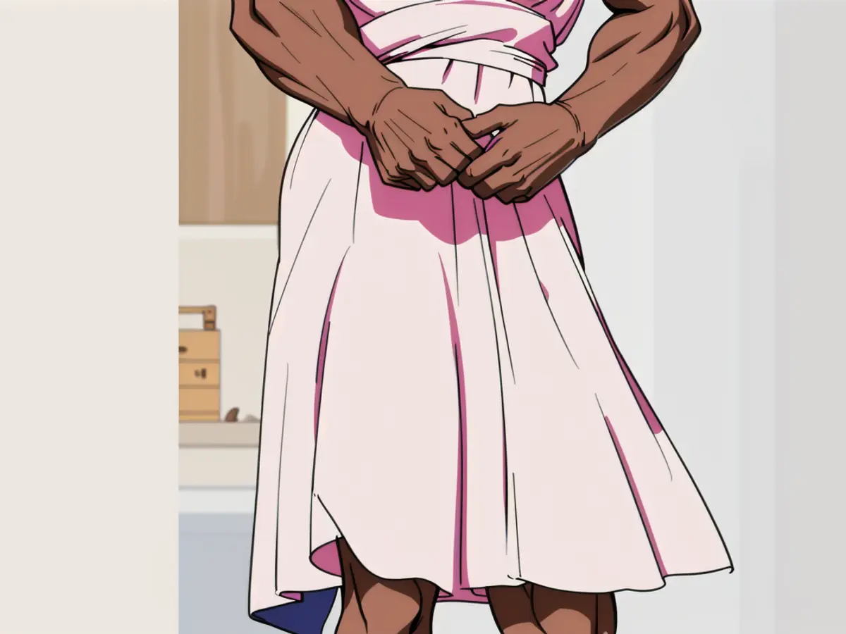 Woman adorned in rosy gown. Woman sporting a pink gown.