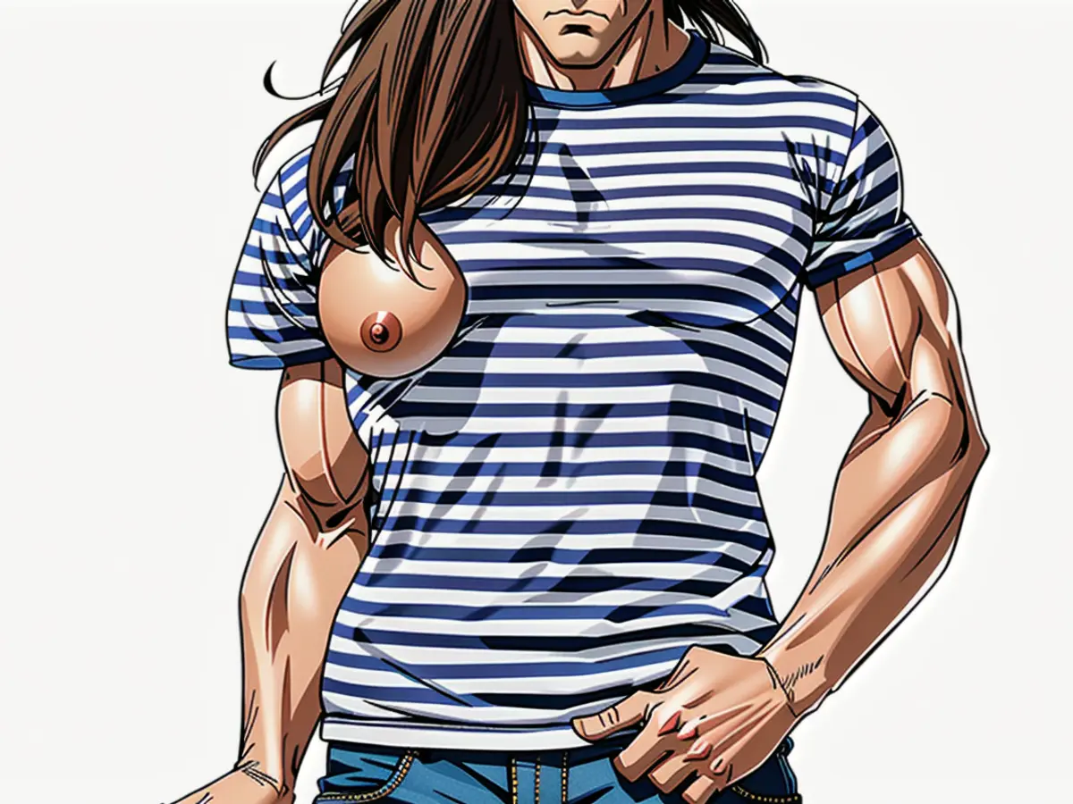 Person sporting an indigo horizontal-striped shirt. Indigo-accented t-shirt donned by fashion model