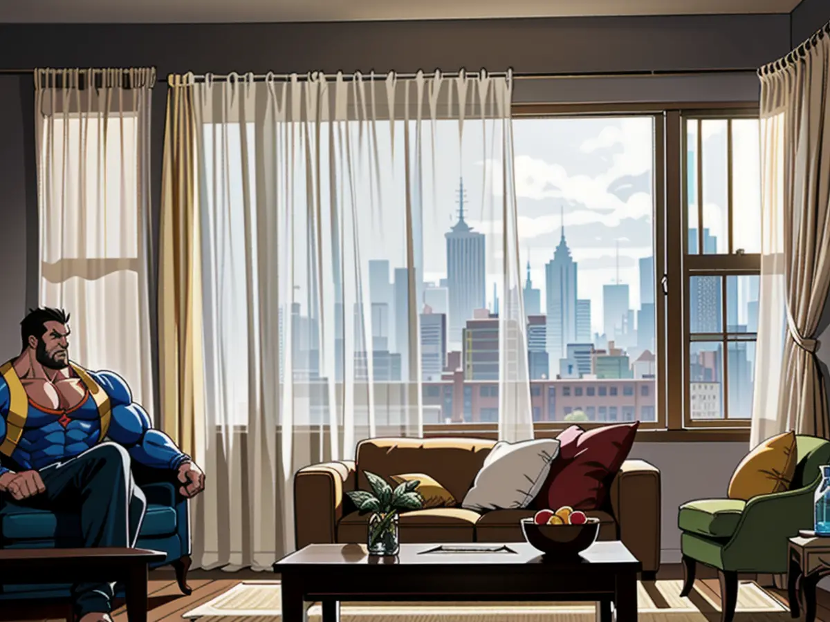Illuminated living room window featuring string lights and translucent curtains