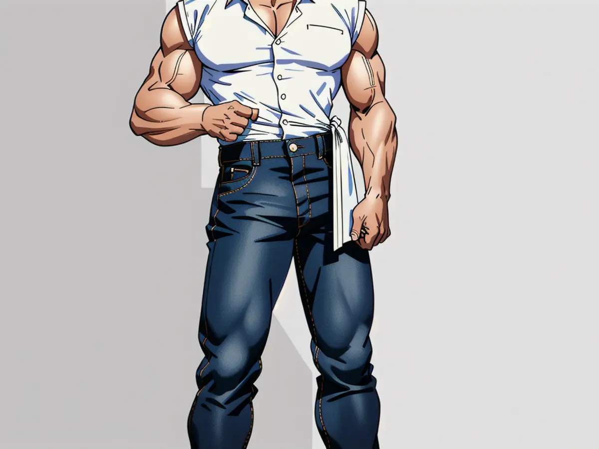 Stylish high-waisted flared denim pants paired with a dressy button-up top Flared denim pants of significant height paired with a dress shirt