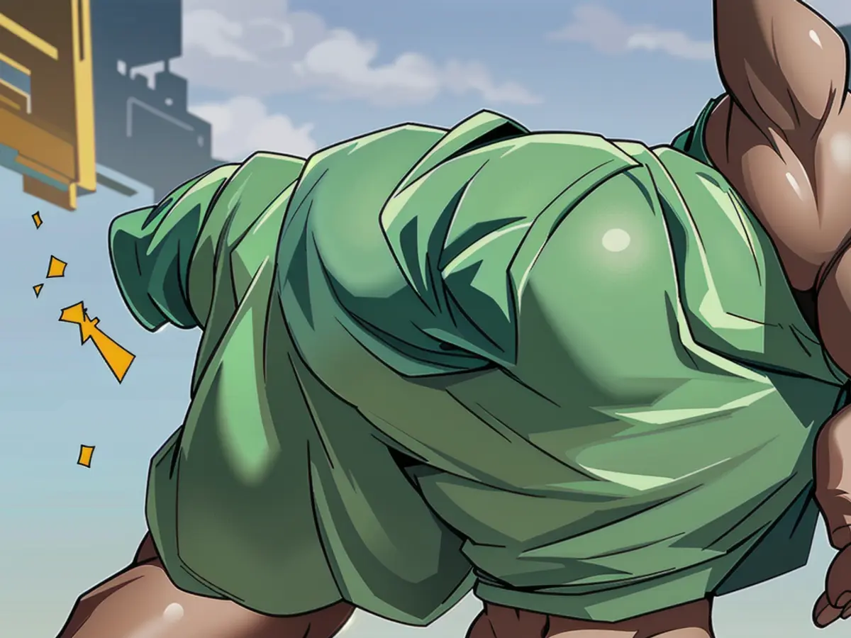 Individual donning green shorts in fashion display Individual sporting brief, green-hued attire on display.