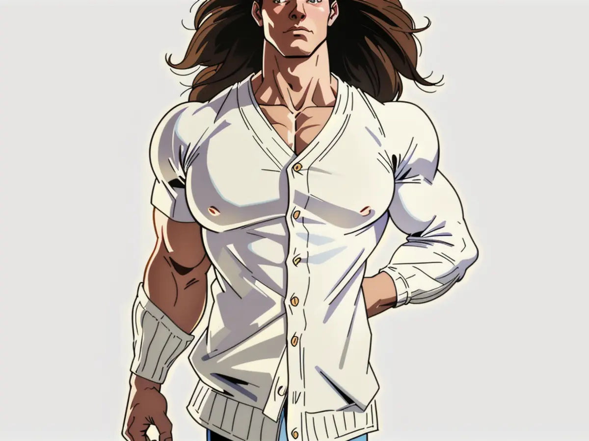 Cream-colored cardigan donned by a fashion model. A person sporting a cream-colored cardigan outfit.