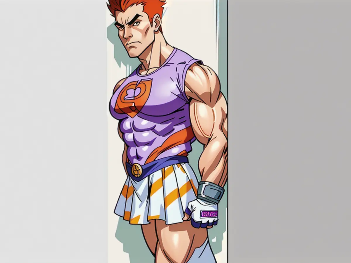 Skirt-clad model dons a vibrant mix of orange and purple checks. Individual sporting a checked skirt of orange and purple hues in fashionable attire.