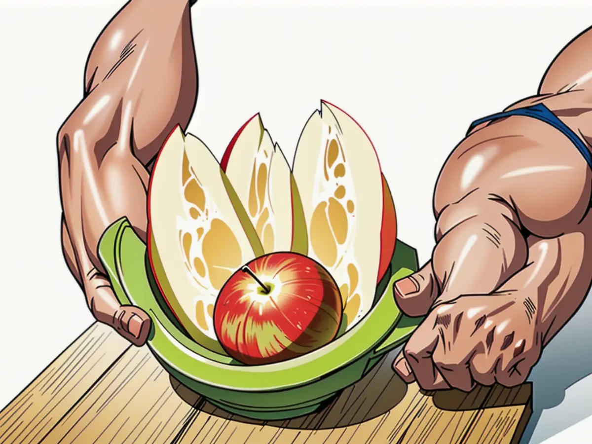 User manually guides process of apple slicing utilizing slicer tool User masterfully showcases slicing apples technique utilizing the slicer tool.