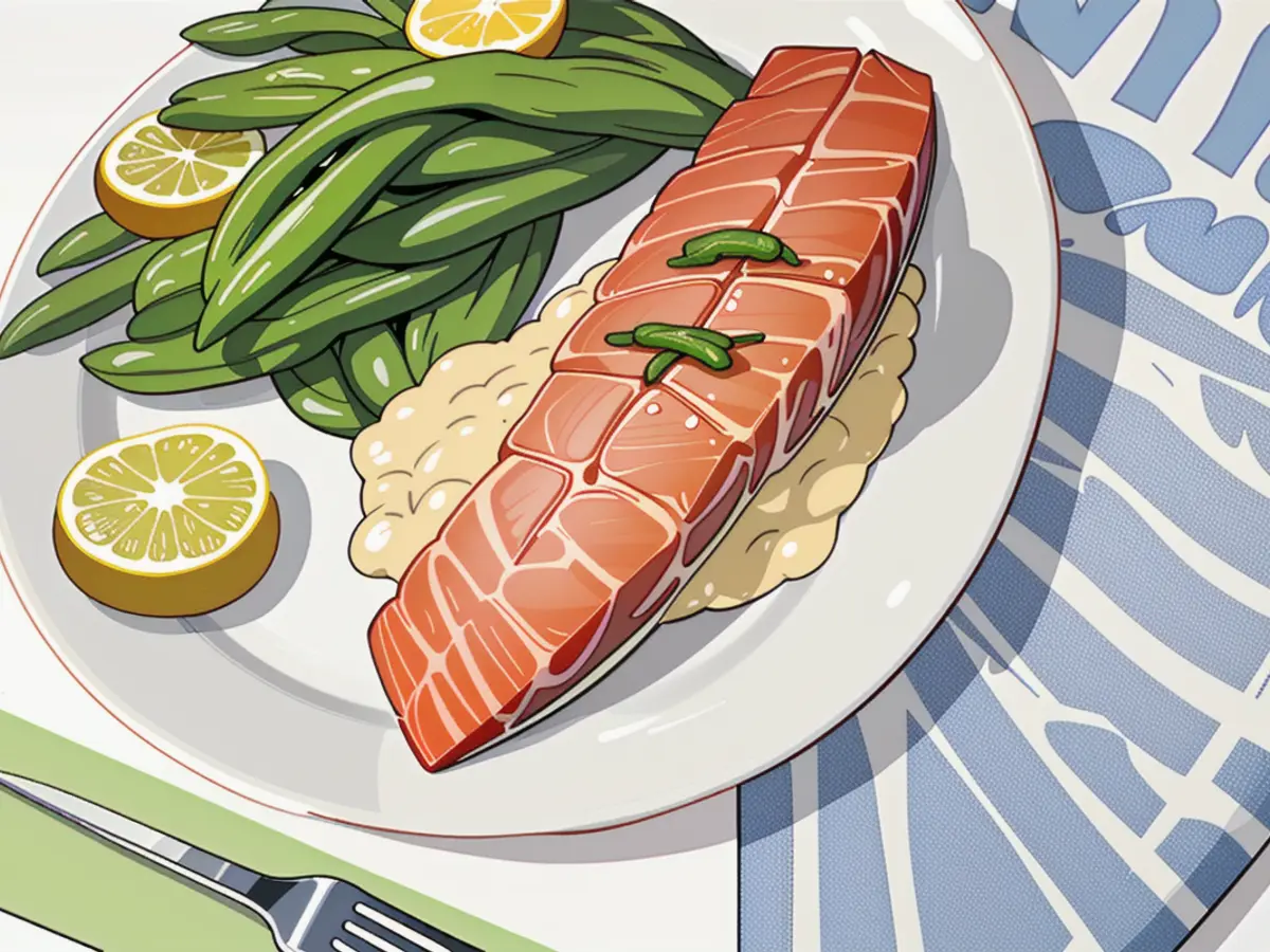 Plate featuring salmon and green beans, with a home meal kit box nearby, prepared by a domestic cook. Dinner presentation: Salmon and green beans served on a plate with a home meal kit box in proximity