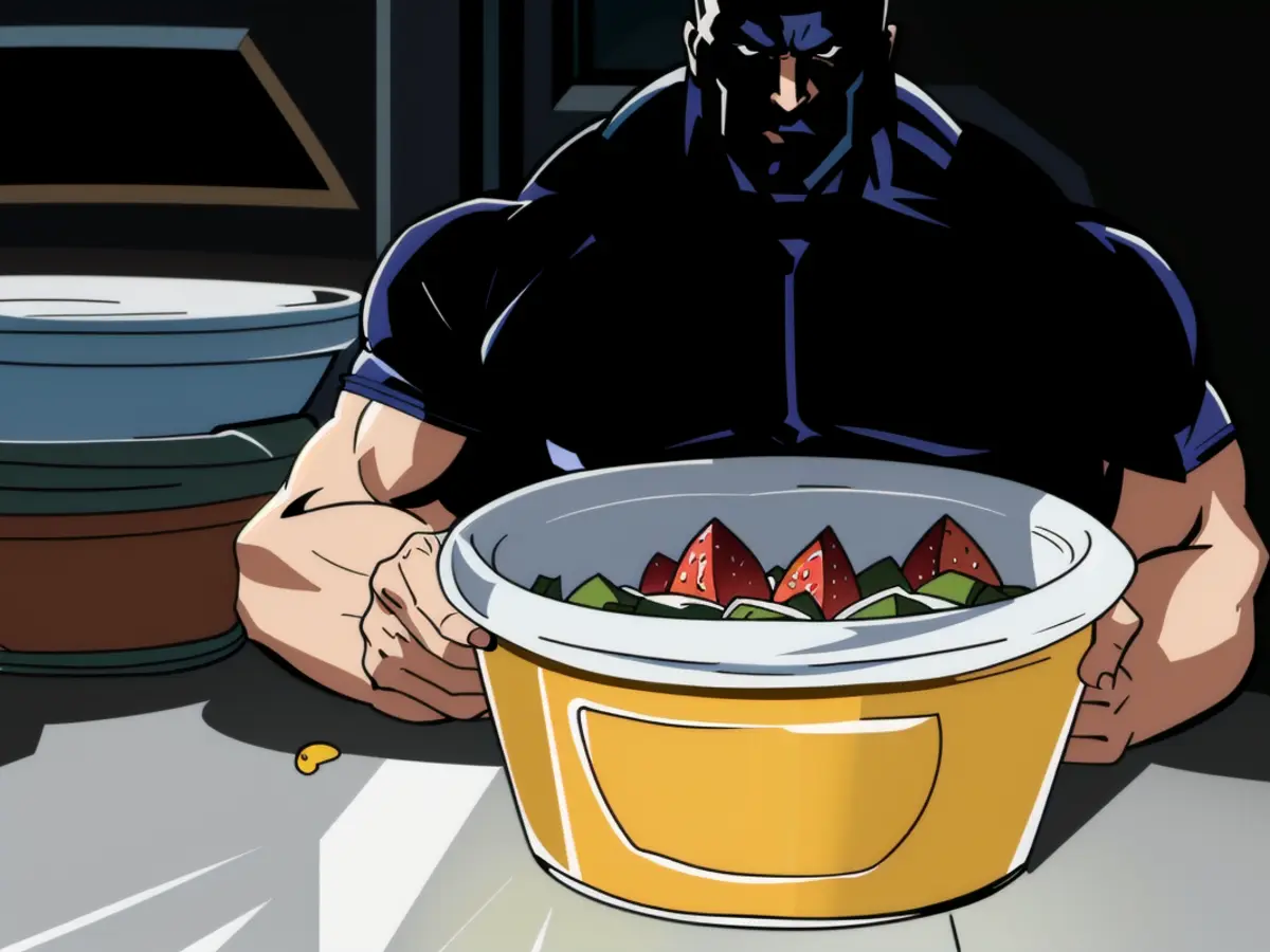 Covering bowl brimming with fruit as model positions lid on top Covering bowl rim with a larger lid, stacked with assorted fruit inside