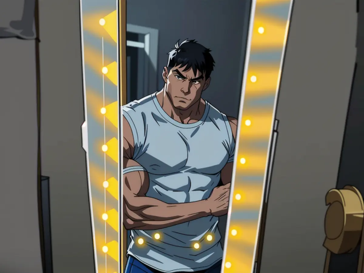Captured snapshot of a glowing, white mirror's reviewer's image