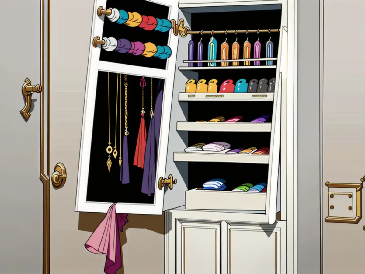 Jewelry and cosmetics discovered within an opened white dresser.