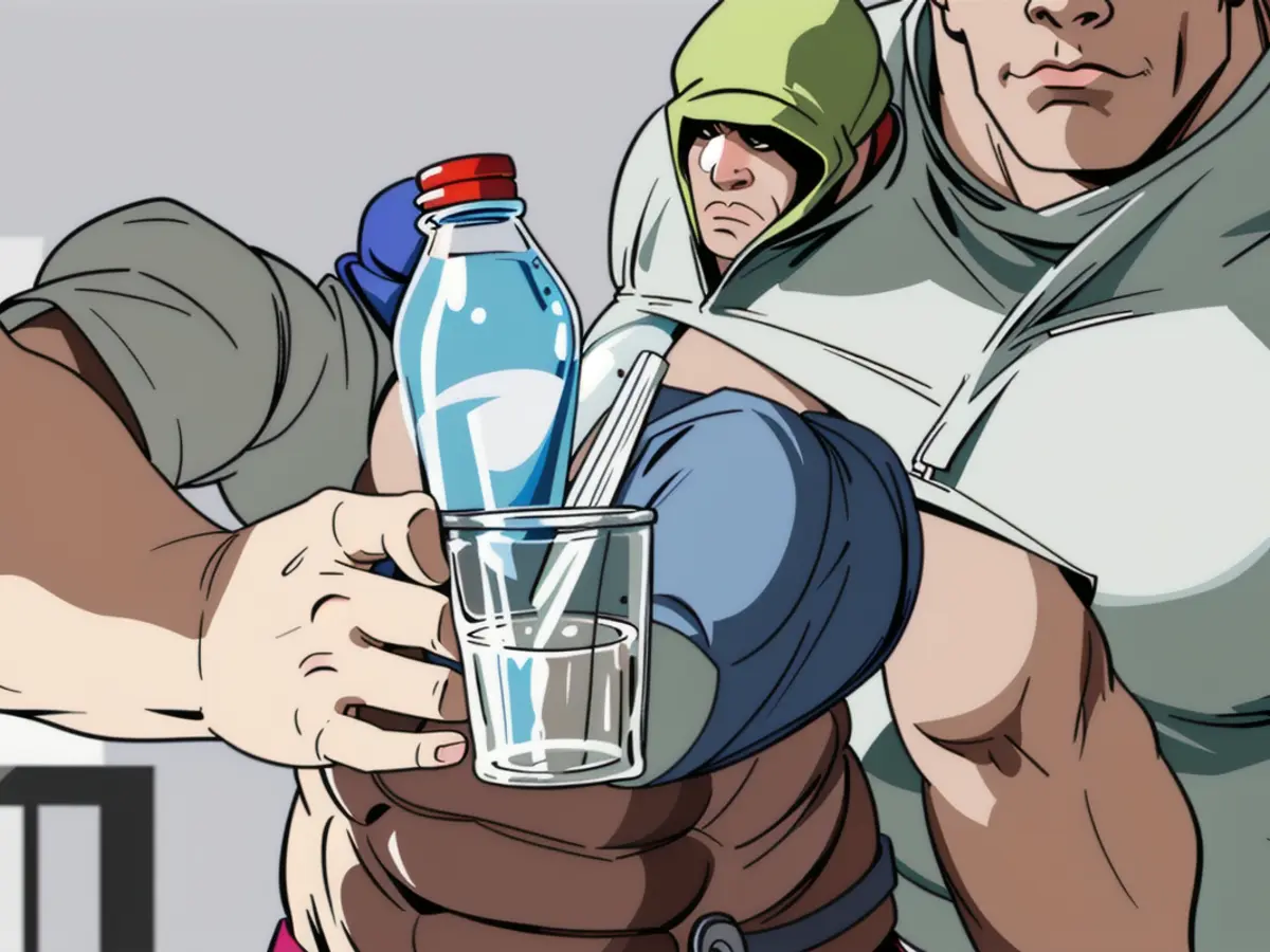 An individual pours a substance into a container using a measuring jug. An individual pours a bottle using a mixing pitcher