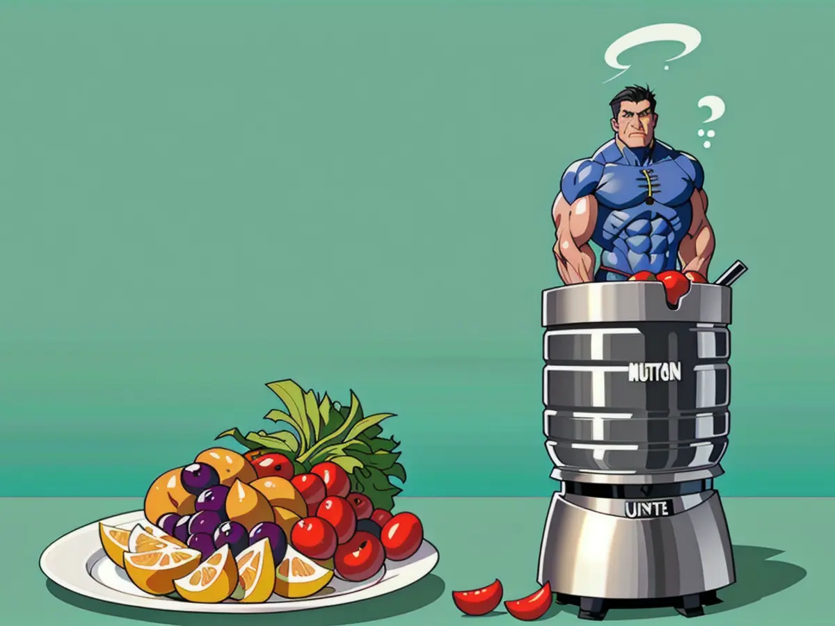 Blended fruit next to a plate of vegetables, both arrangements displayed against a verdant background, featuring a grey Nutribullet. Crushed fruits reside beside a vegetable assortment and a verdant landscape, featuring a partially used grey NutriBullet.