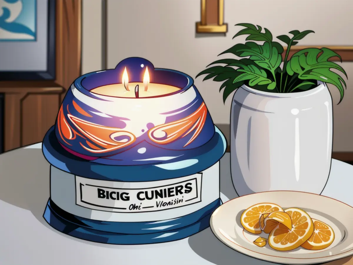 Candlelit with a blue fern and citrus scent, a votive adorns a table Votive candle holding a blue fern and citrus fragrance burns on a table