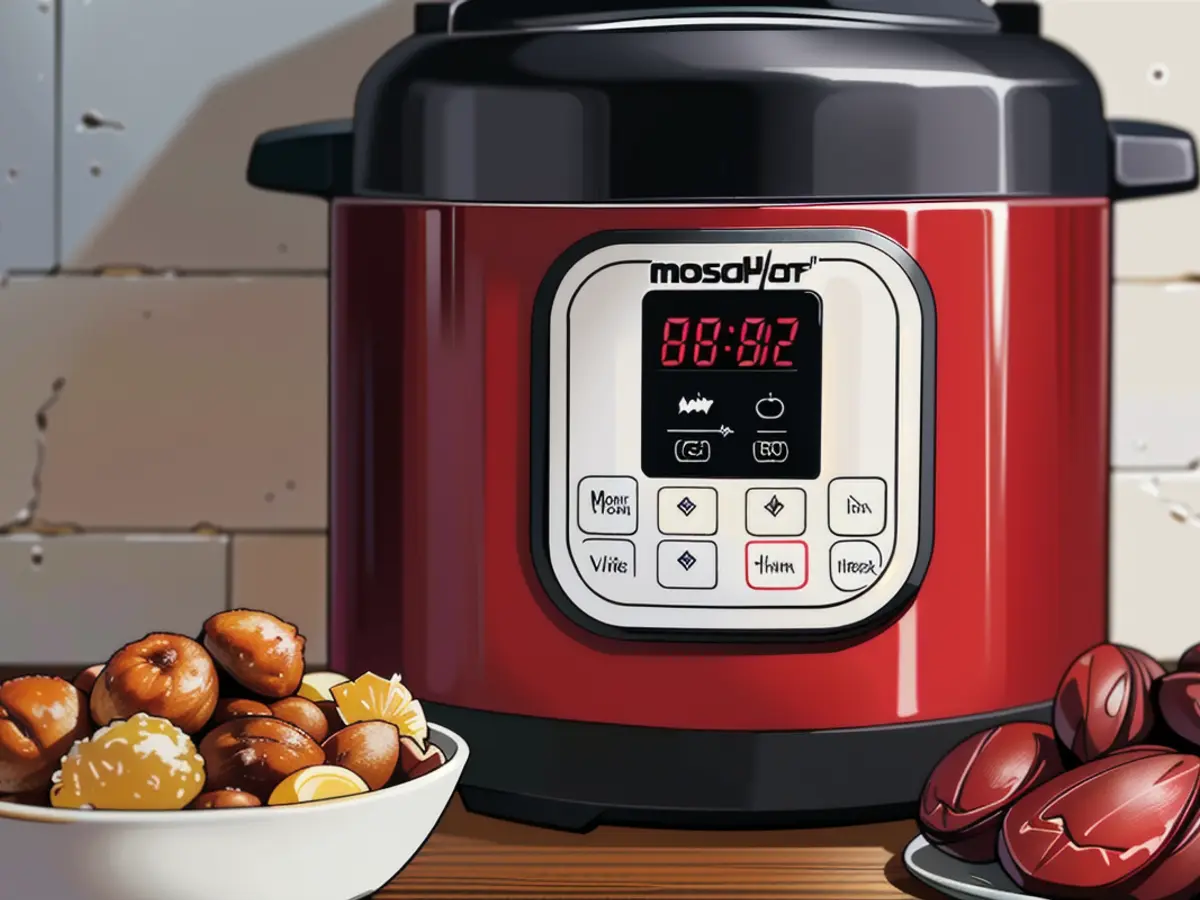 Instant Pot with Air Fryer Lid placed on a table, adjacent to dishes of prepared meals Instant Pot with Air Fryer Lid placed on a table, surrounded by dishes of prepared meals