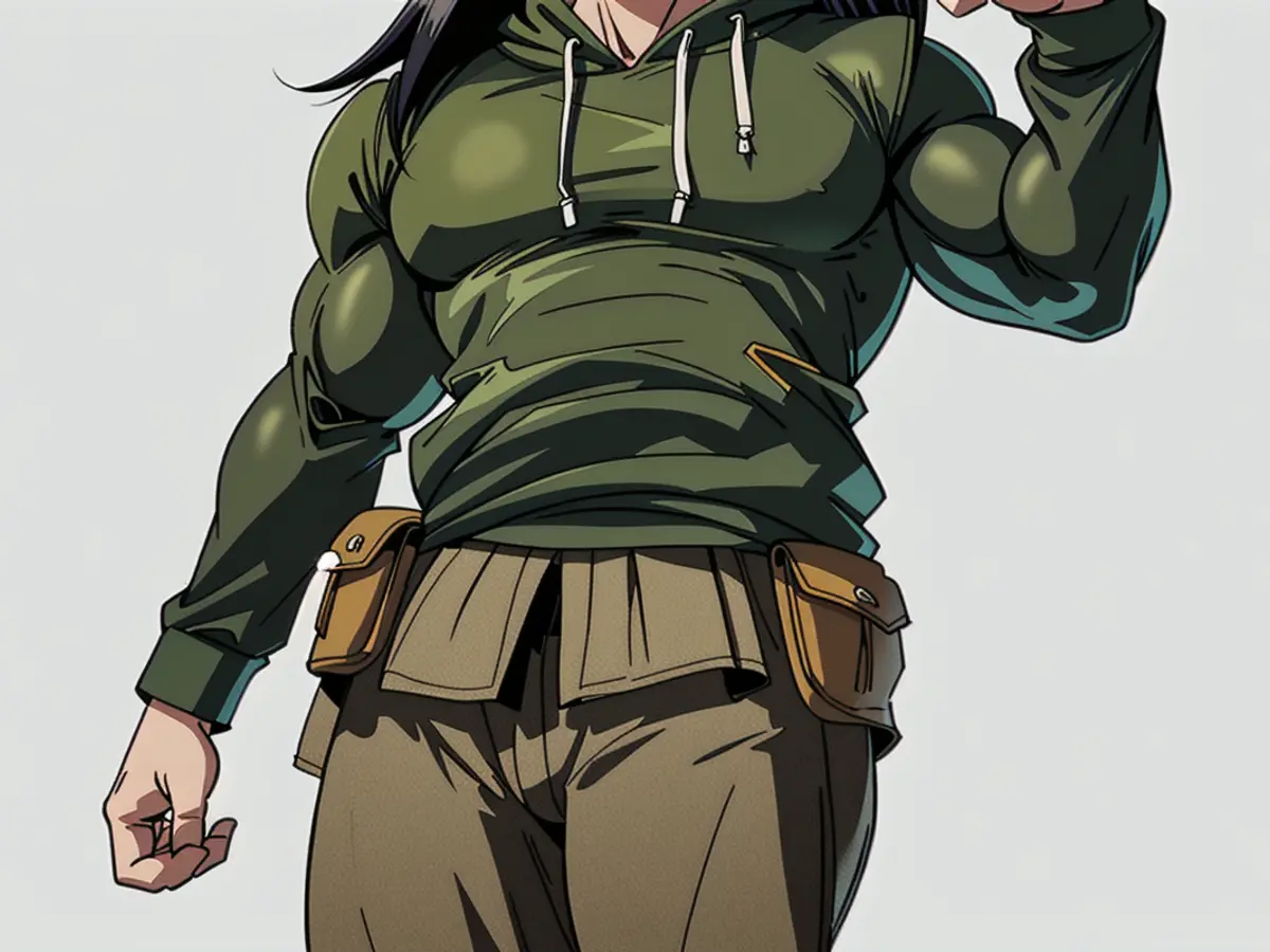 Individual donning an army green zip-up motorcycle jacket style.
