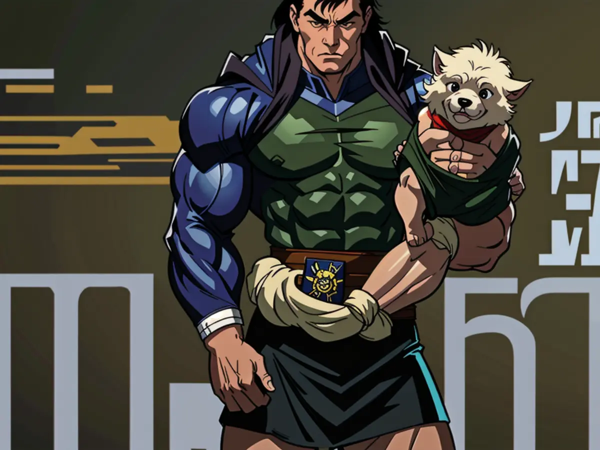 Army green-dressed reviewer poses with pet dog in hand