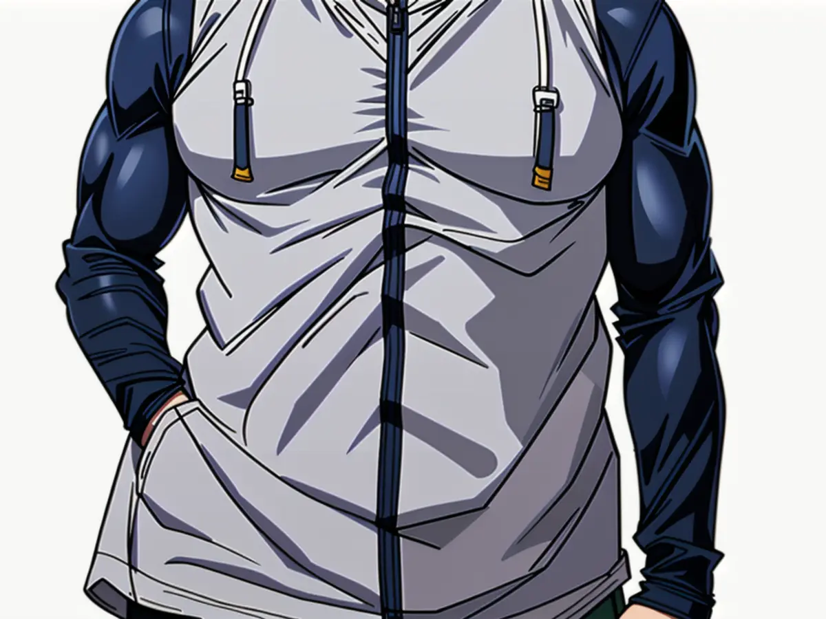 A fashion model sporting a navy floral zip-up puffer jacket.
