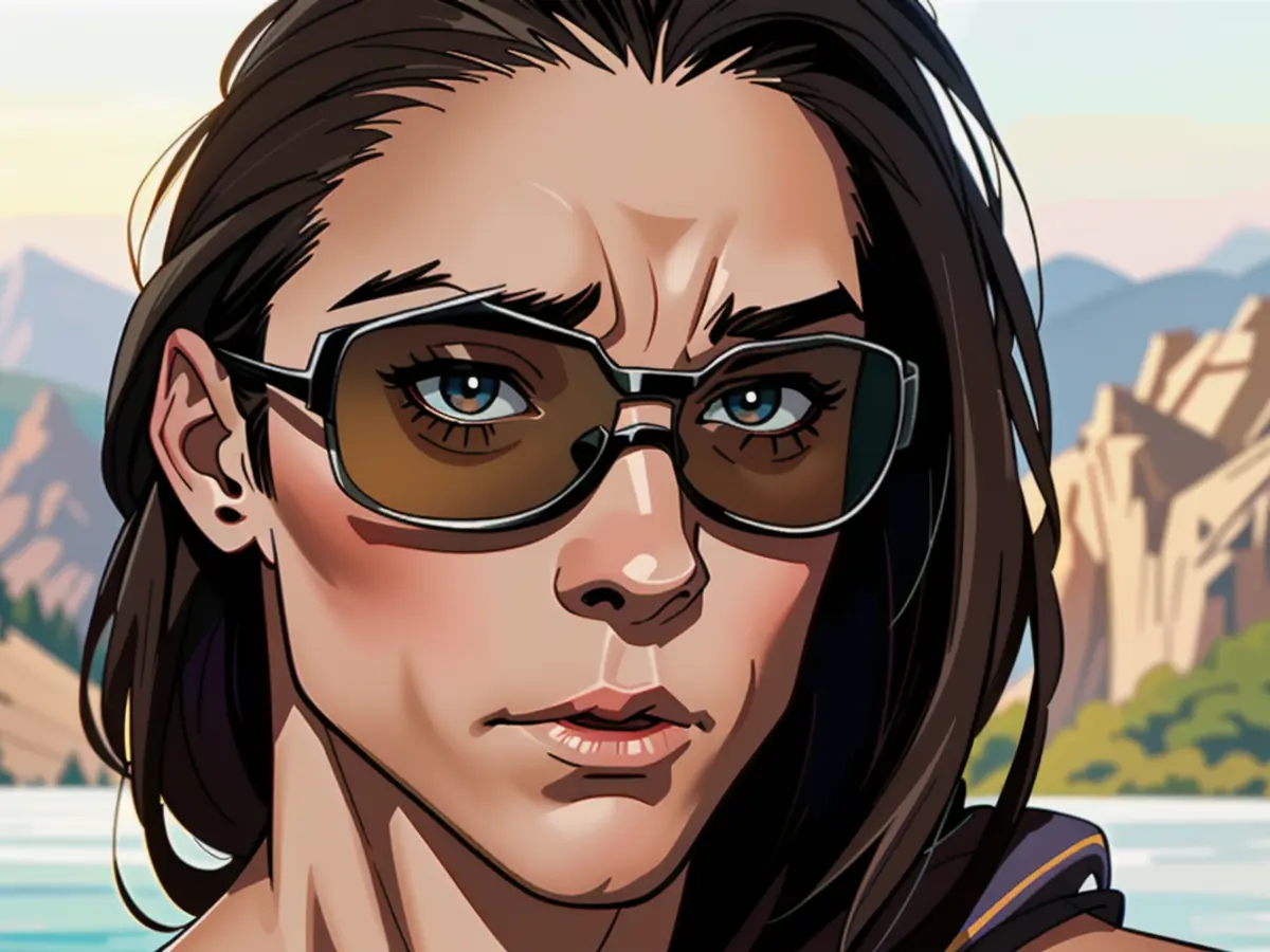 Sunglasses-donning critic assesses outfit, featuring amber tortoise square frames and brown hue.