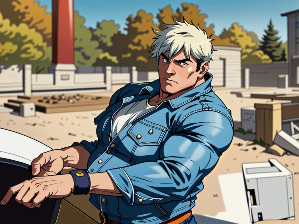 Picture showing the worn-out blue denim jacket, evidently in distress
