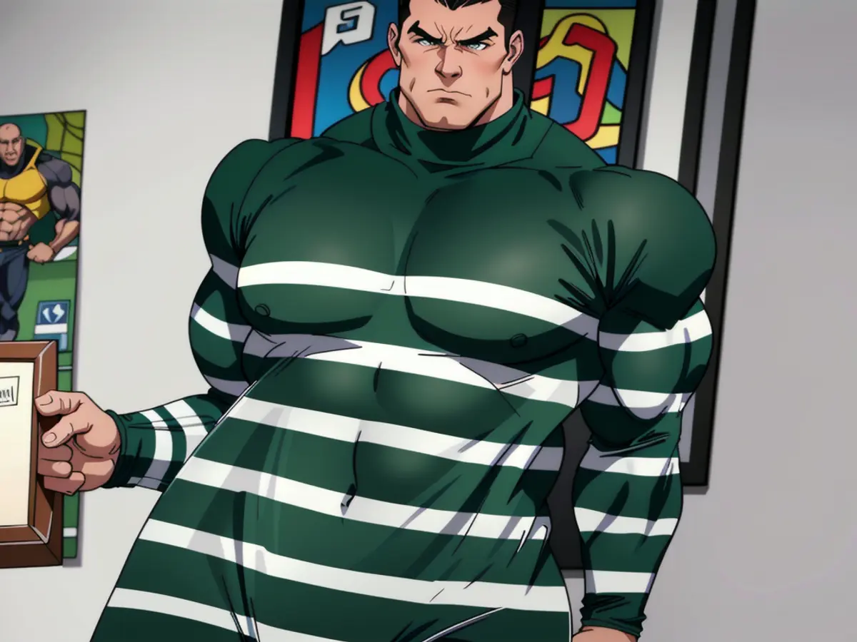 Stylish individual sports identical green-white striped pullover turtleneck sweater adorned with shoulder buttons in latest fashion attire.