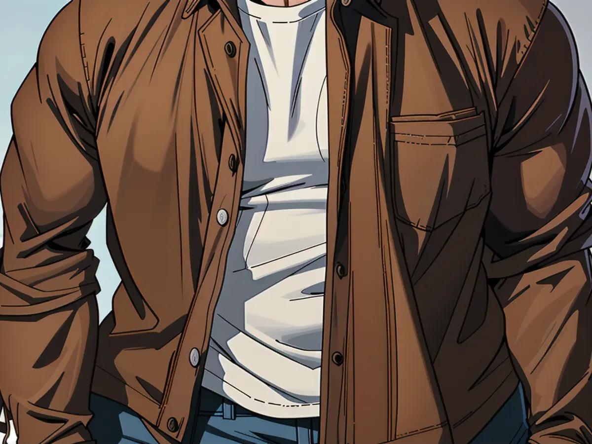 Individual sporting a dark-hued corduroy button-down jacket with long sleeves on.