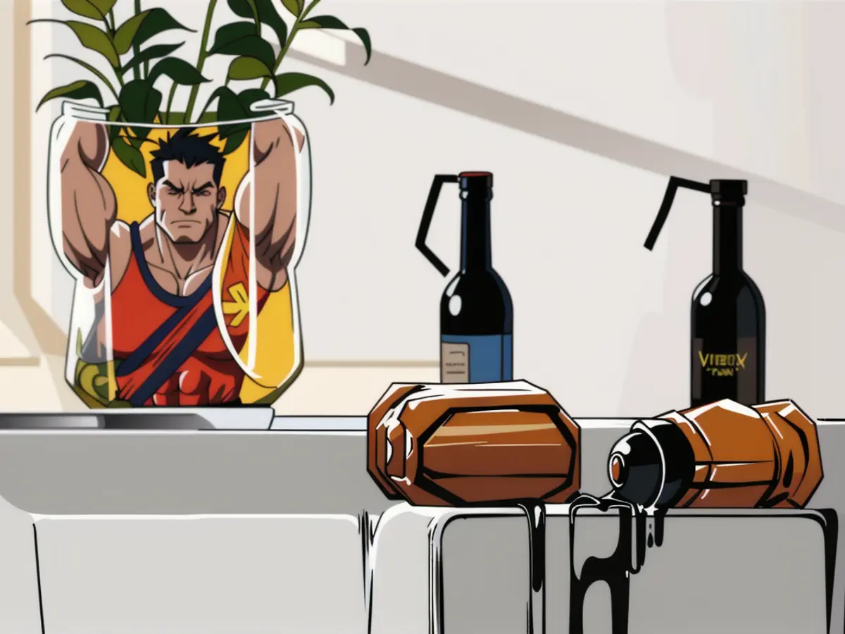 Two bottles with amber hues, visibly identifiable on a reviewer's kitchen sink, bear labels indicating their contents. Two Amber Bottles, Sitting on a Reviewer's Kitchen Sink, with Labels Revealing Contents.