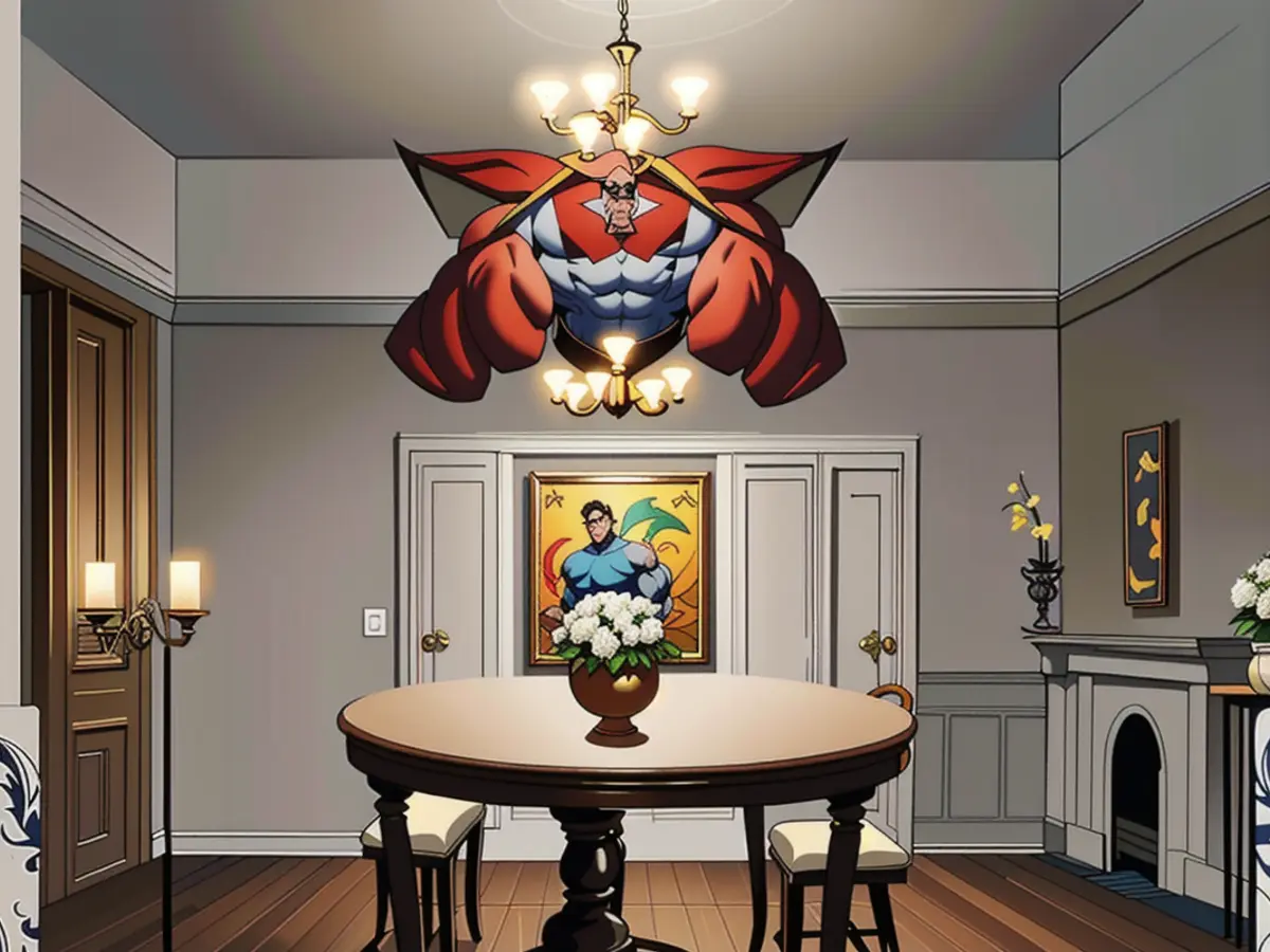 Glowing chandelier illuminates dining room, casting a cool light over the table. Illuminated dining room, chandelier casting a soothing glow upon the furniture-adorned table above.