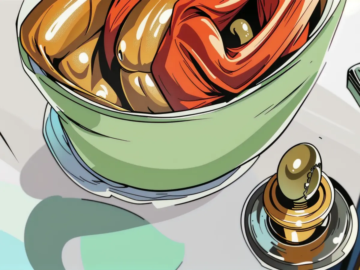 Maroon-hued Dutch cooking pot featuring a golden knob on its lid. Gold-capped Dutch oven with a mint-hued exterior