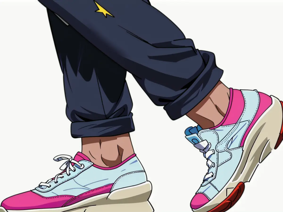 Individual donning a mix of blue, pink, and light pink stretchy sneakers, featuring traditional lace-up design. Individual donning multi-toned stretch sneakers: blue, pink, and light pink; lace-up design visible atop footwear.