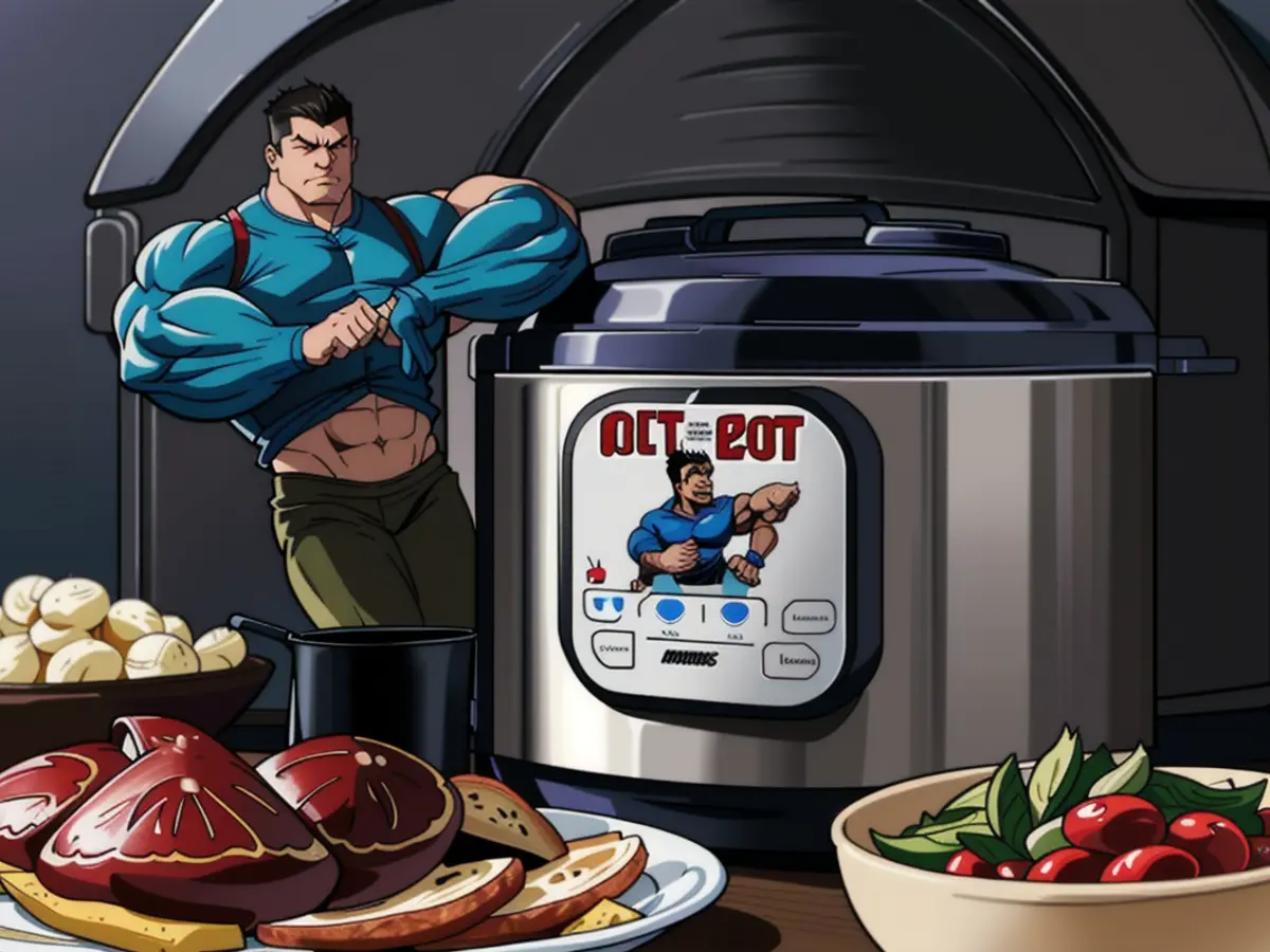Pressure cooker brimming with edibles displayed in the shot