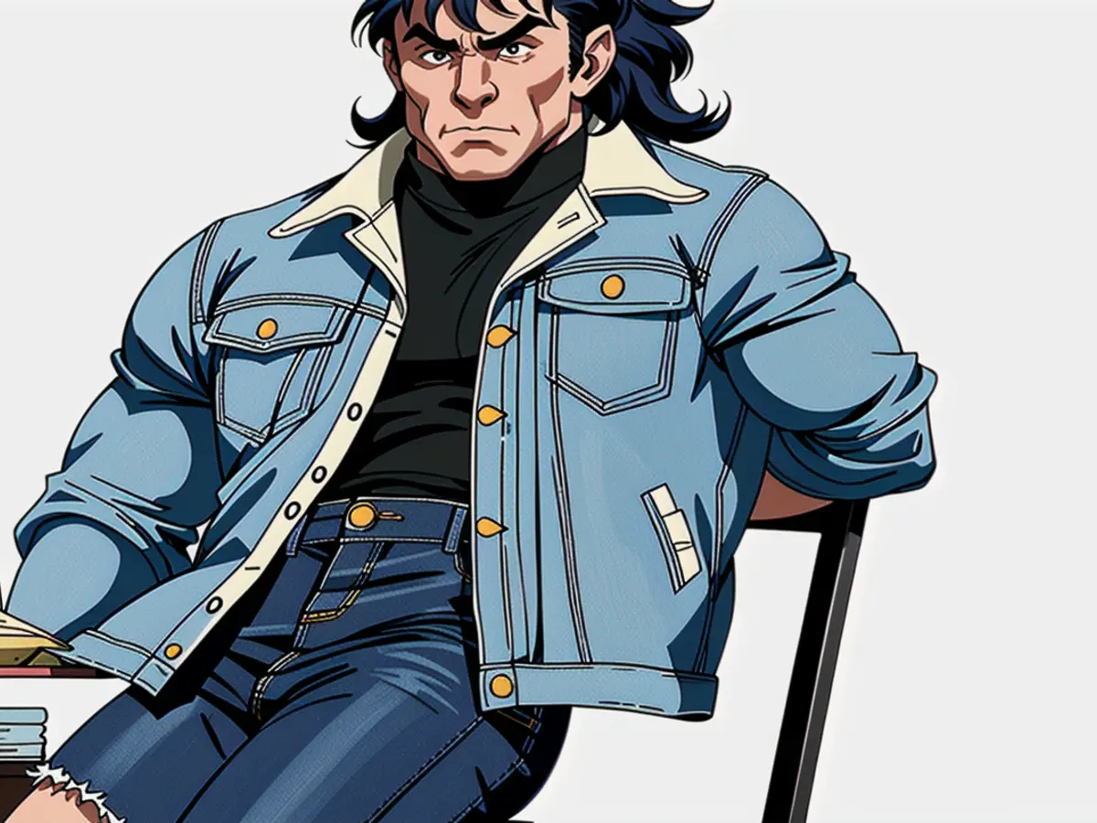 Model posing on a chair, donned in a light rinsed denim jacket with Sherpa inner lining.