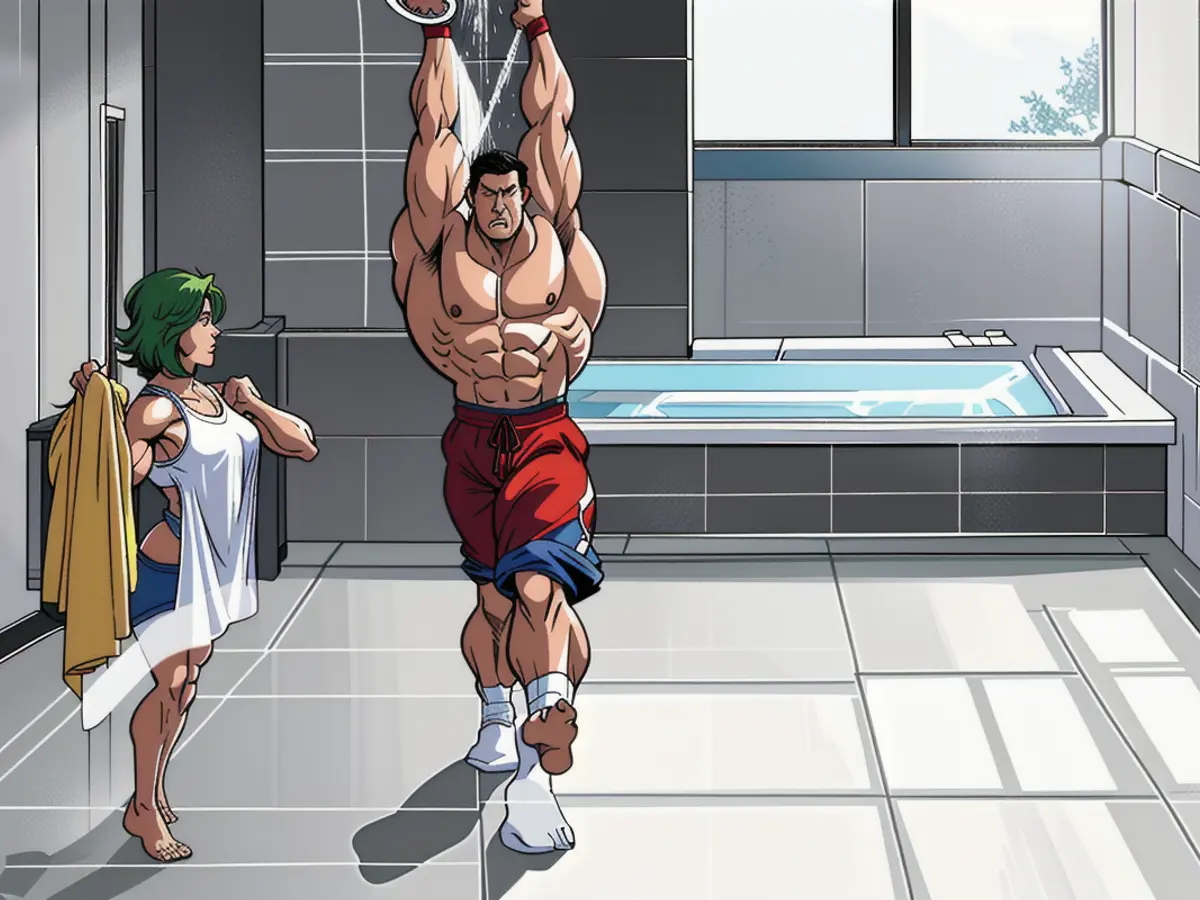 Individual steps into the shower, placing feet near bath rug.
