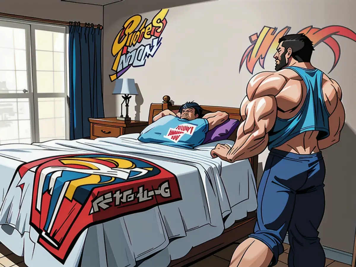 Room exhibit featuring artwork on the wall behind a reviewer's bed.