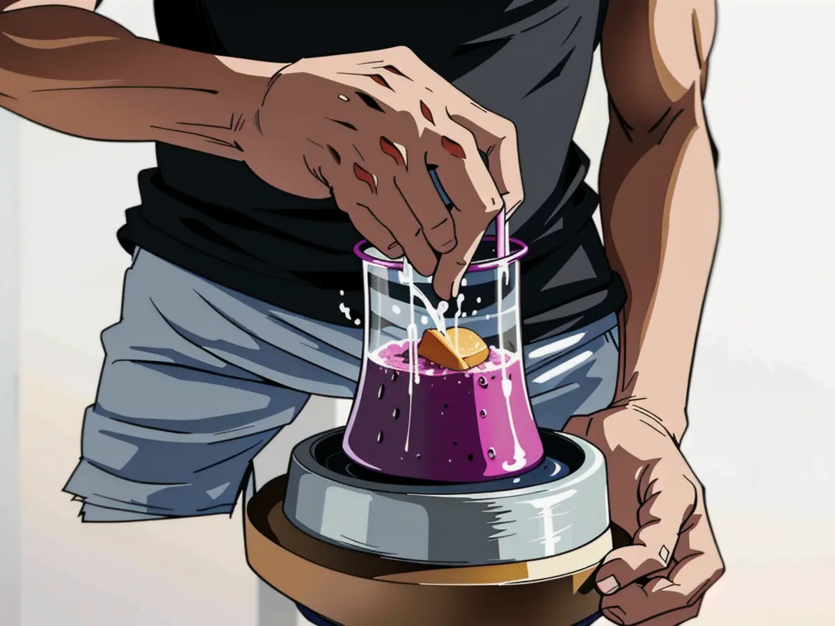 Model blending a smoothest drink. Model preparing a refreshing smoothie drink